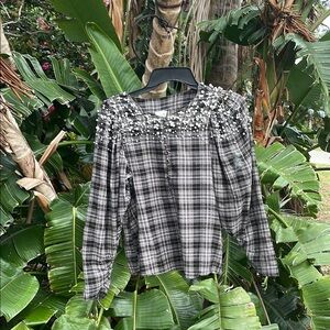 Akimi and Kin pearl beaded plaid top with statement sleeves